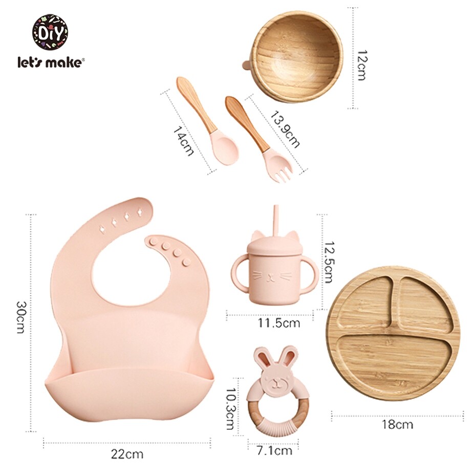 Let's Make Baby Meal Feeding Set 7pcs/set Natural Bamboo Plate,Bowl with Suction 100% Safe Silicone Teether Toy Toddler Gift Set