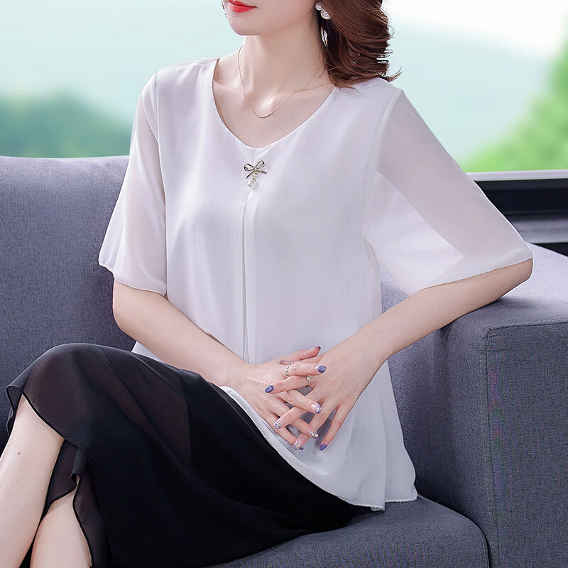 Women's Large Size Chiffon T-shirt for Plump Girls Short Sleeve New Korean Style Loose Belly Covering Slimming Western Style Small Shirt